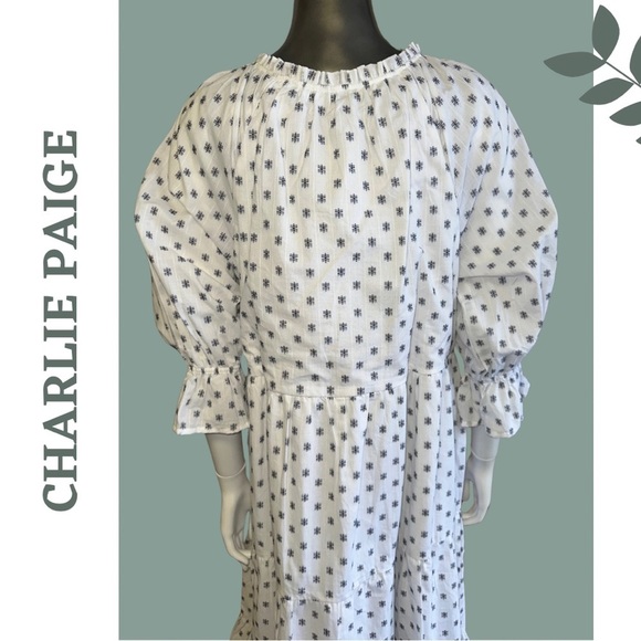 Charlie Paige Relaxed Fit Cotton Dress 3/4 Length Sleeve Tassel White Dark Blue - Picture 7 of 10